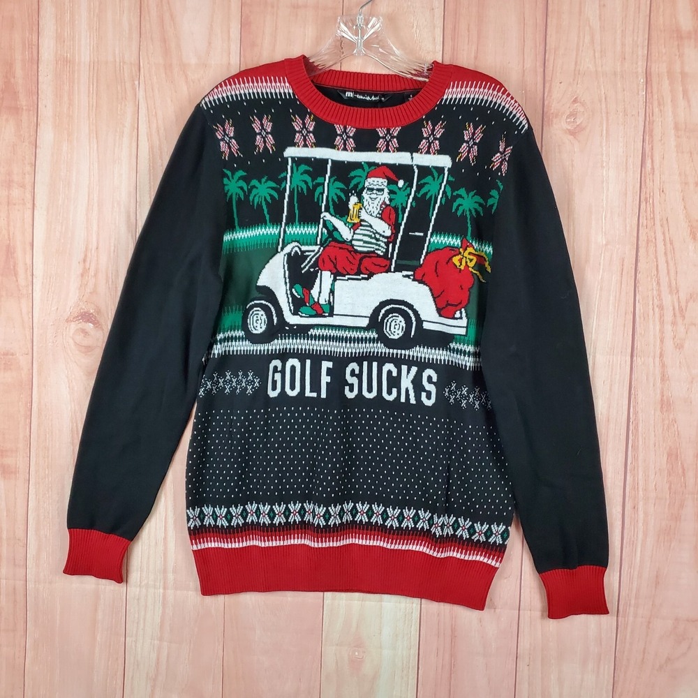 Travis Mathew Mens Christmas Sweater Small Black Golf Sucks Long Sleeve Pullover